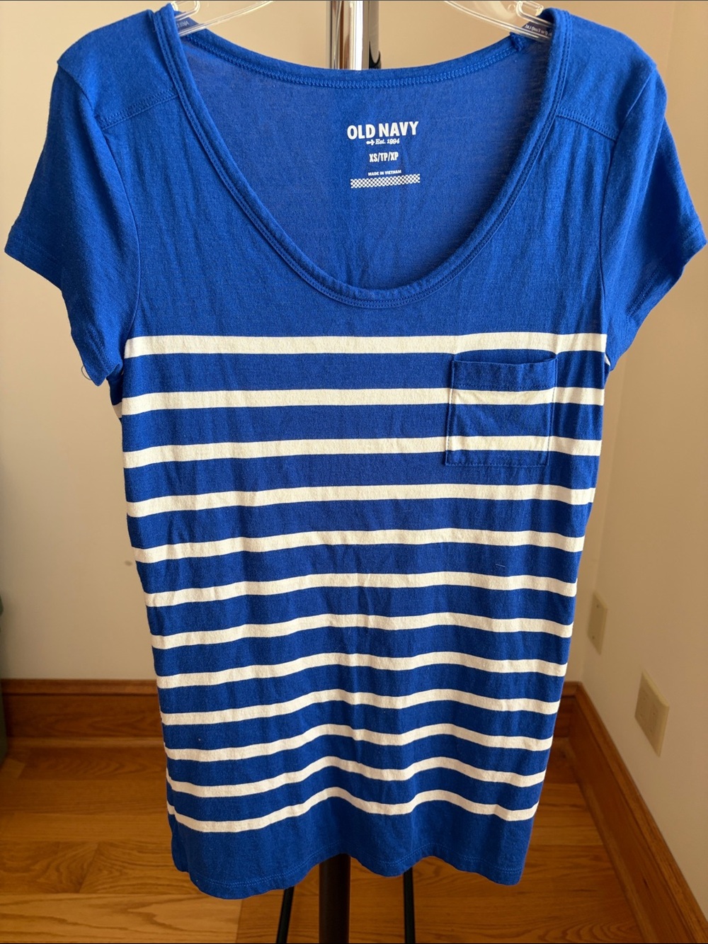 Old Navy Blue and White Striped Scoop Pocket Tee